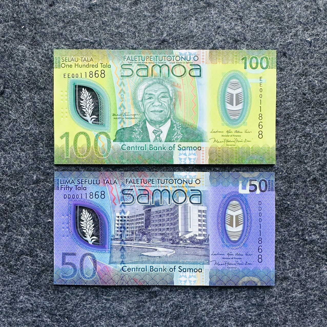 🇼🇸2607 ￥￥萨摩亚2025年50和100塔拉Polymer塑料钞 倒置号，DD/EE0011868