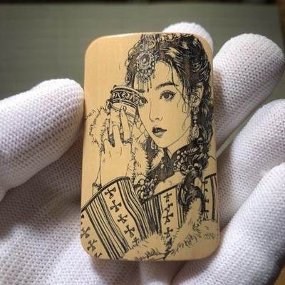 听雨轩（77）留青墨刻竹牌专场 - 留青墨刻36×60mm工艺精工实心玉竹牌 民族风少女4