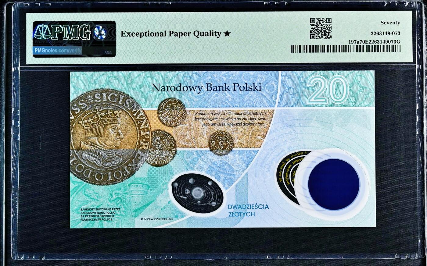 【Blue Auction】✨世界纸币精拍800期盛典——白金之夜🔥🔥🔥 P-【满分 冠军分 无47千位小号】波兰 2023年20兹罗提 哥白尼诞辰550周年纪念钞 PMG70EPQ星星 独特的“钞中币”设计