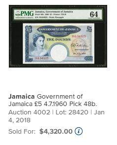 【Blue Auction】✨世界纸币精拍800期盛典——白金之夜🔥🔥🔥 J-【11A冠首发冠】牙买加 1960年5镑 PCGS65EPQ 背面大场景 清新耐看 （这是一张美丽且备受青睐的英联邦纸币，也是女王唯一使用这个肖像的纸币。8年前一张64无E的同品种纸币拍了4320美金 可见其价值）