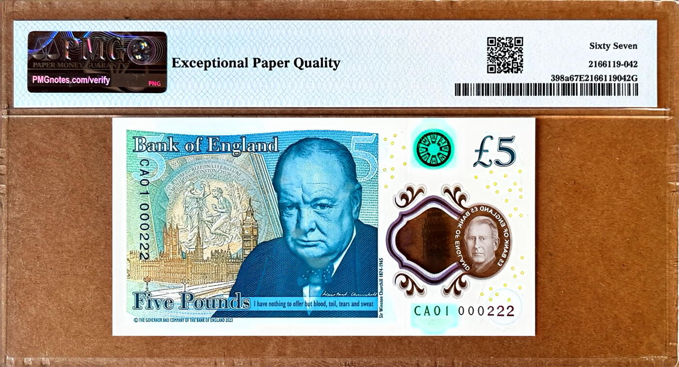 【Blue Auction】✨世界纸币精拍800期盛典——白金之夜🔥🔥🔥 G-【CA01首发冠 000222百位小号豹子号】英国 2024年5镑 查尔斯三世 新版塑料钞 PMG67EPQ 高分 号码控必备 高价值的一张
