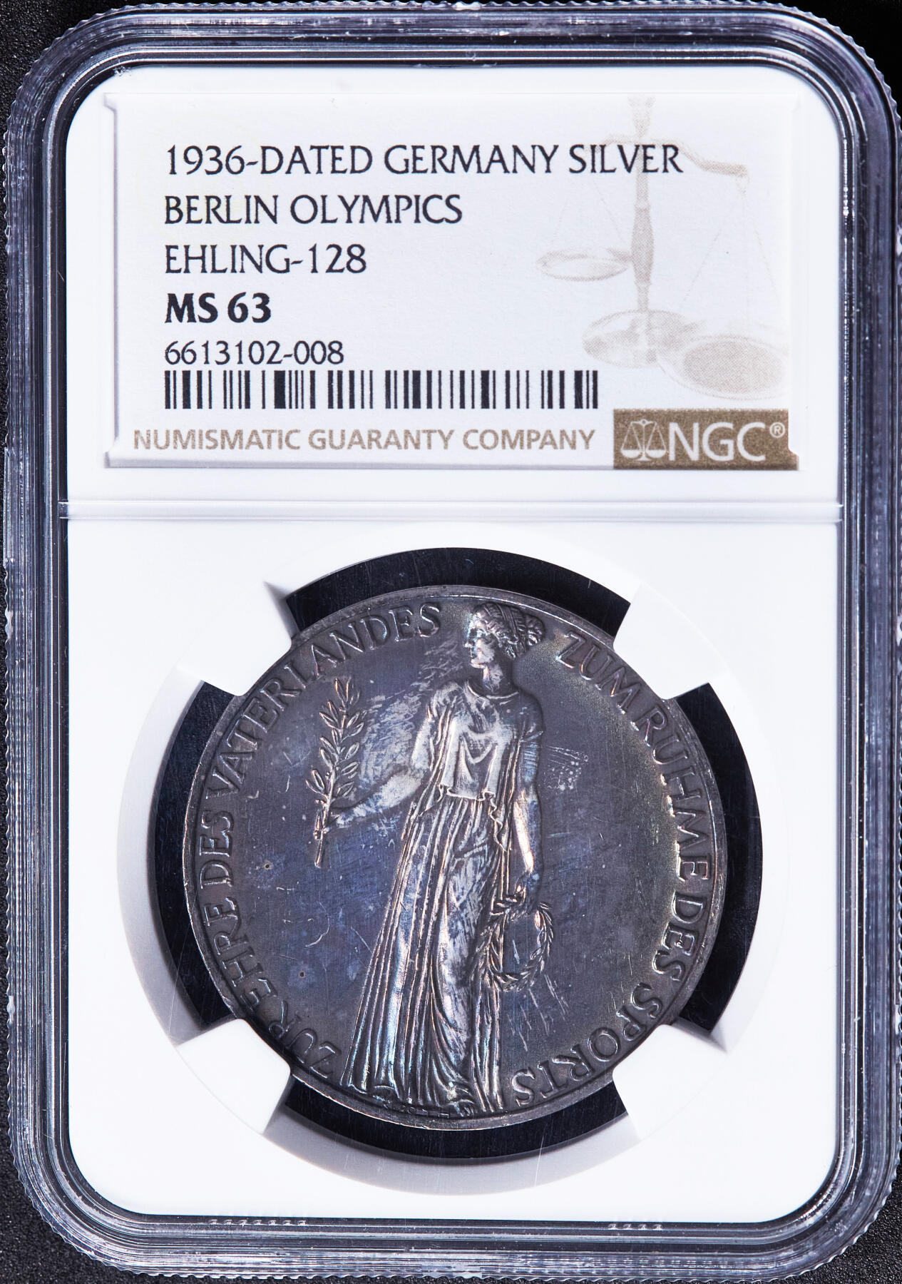 【俄甄集藏】2026年(049)03-18星期三 晚 19:30 全场包邮 德国第三帝国1936年纪念柏林奥运会胜利女神与奥运钟银章，NGC MS63，酱彩老包浆，名誉品种，味道一流