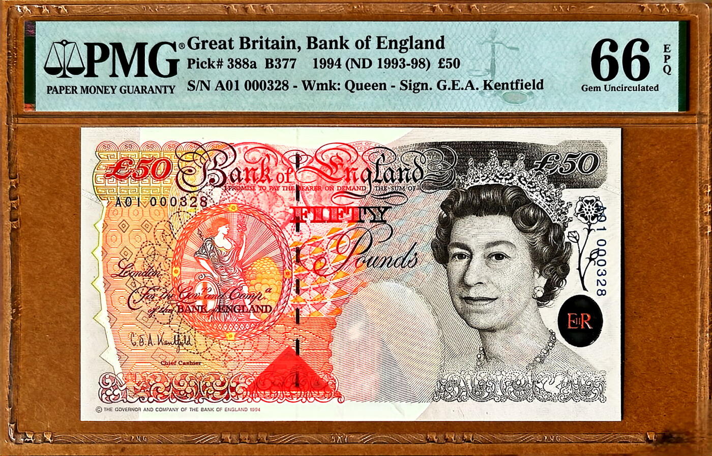 【Blue Auction】✨世界纸币精拍800期盛典——白金之夜🔥🔥🔥 G-【A01首发冠328百位小号】英国 1994年50镑 PMG66EPQ 英格兰银行第一任行长霍布伦爵士