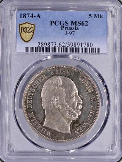 PCGS- MS62 1874-A 德国普鲁士5马克银币 - PCGS- MS62 1874-A 德国普鲁士5马克银币