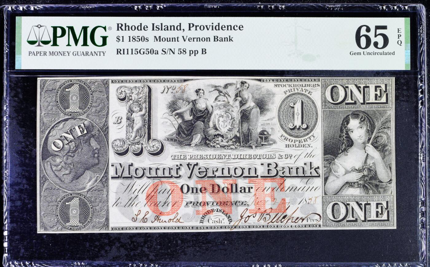 【Blue Auction】✨世界纸币精拍800期盛典——白金之夜🔥🔥🔥 U-【手签实钞58小号 唯一冠军分罕见】美国 罗德岛 1850年代1美金 执穗小女孩 设计精美 PMG65EPQ 