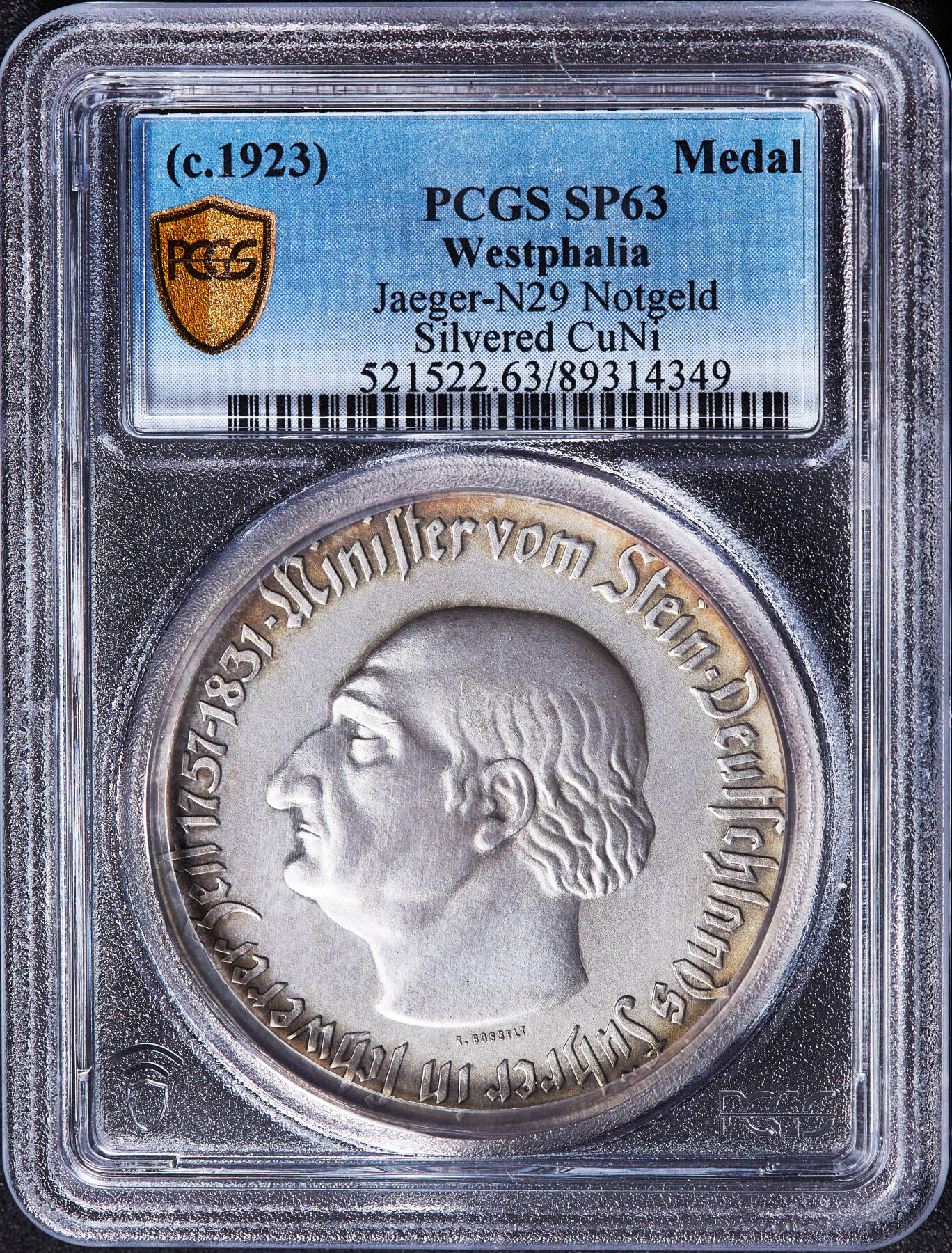 【俄甄集藏】2026年(049)03-18星期三 晚 19:30 全场包邮 德国1923年紧急时期威斯特法伦男爵和女诗人阿内特·冯·德罗斯特-许尔斯霍夫头像马币型双面人像章，PCGS SP63，黄油环彩，磨砂底板，状态难得