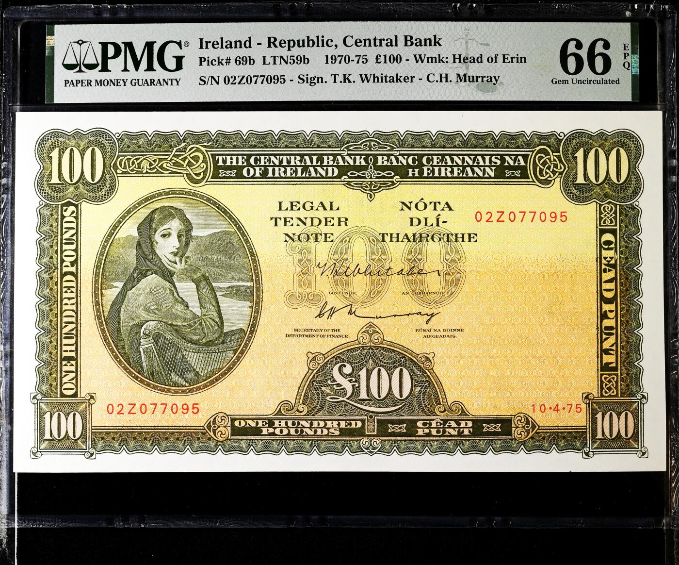 【Blue Auction】✨世界纸币精拍800期盛典——白金之夜🔥🔥🔥 I-【仅1张更高分】爱尔兰 1975年100镑 最高值 当时购买力巨大 超大票幅 PMG66EPQ 市面上藏家争抢的分数非常难得 拉弗雷夫人