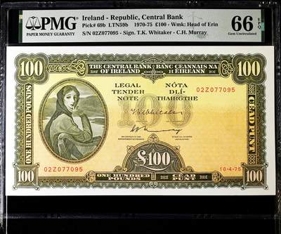 【Blue Auction】✨世界纸币精拍800期盛典——白金之夜🔥🔥🔥 - I-【仅1张更高分】爱尔兰 1975年100镑 最高值 当时购买力巨大 超大票幅 PMG66EPQ 市面上藏家争抢的分数非常难得 拉弗雷夫人