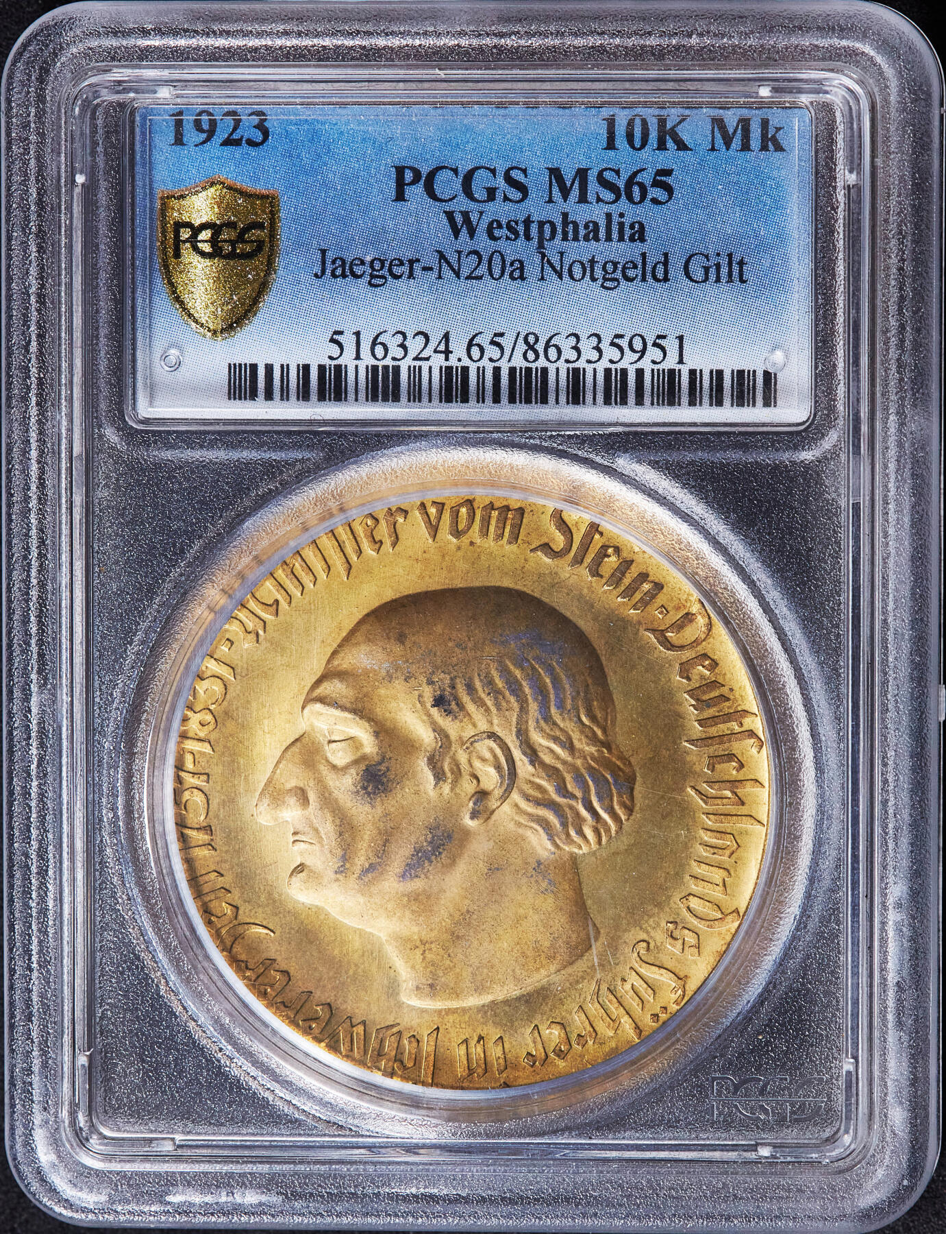 【俄甄集藏】2026年(049)03-18星期三 晚 19:30 全场包邮 德国1923年紧急时期威斯特法伦马币10000马克镀金大铜币，PCGS MS65，金水足，原光品相