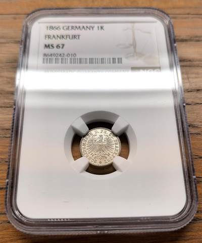 凡希社世界钱币微拍第三百二十一期 - 1866德国法兰克福自由市1克鲁泽银币NGC-MS67，自由市收官之年，超高分！