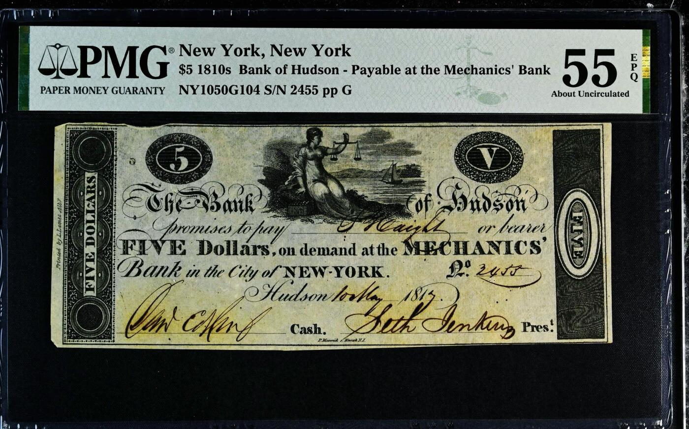 【Blue Auction】✨世界纸币精拍800期盛典——白金之夜🔥🔥🔥 U-【唯一冠军分 手签实钞】美国 纽约 1810年代5美金 非常早期的州票罕见 PMG55EPQ 近新原票 