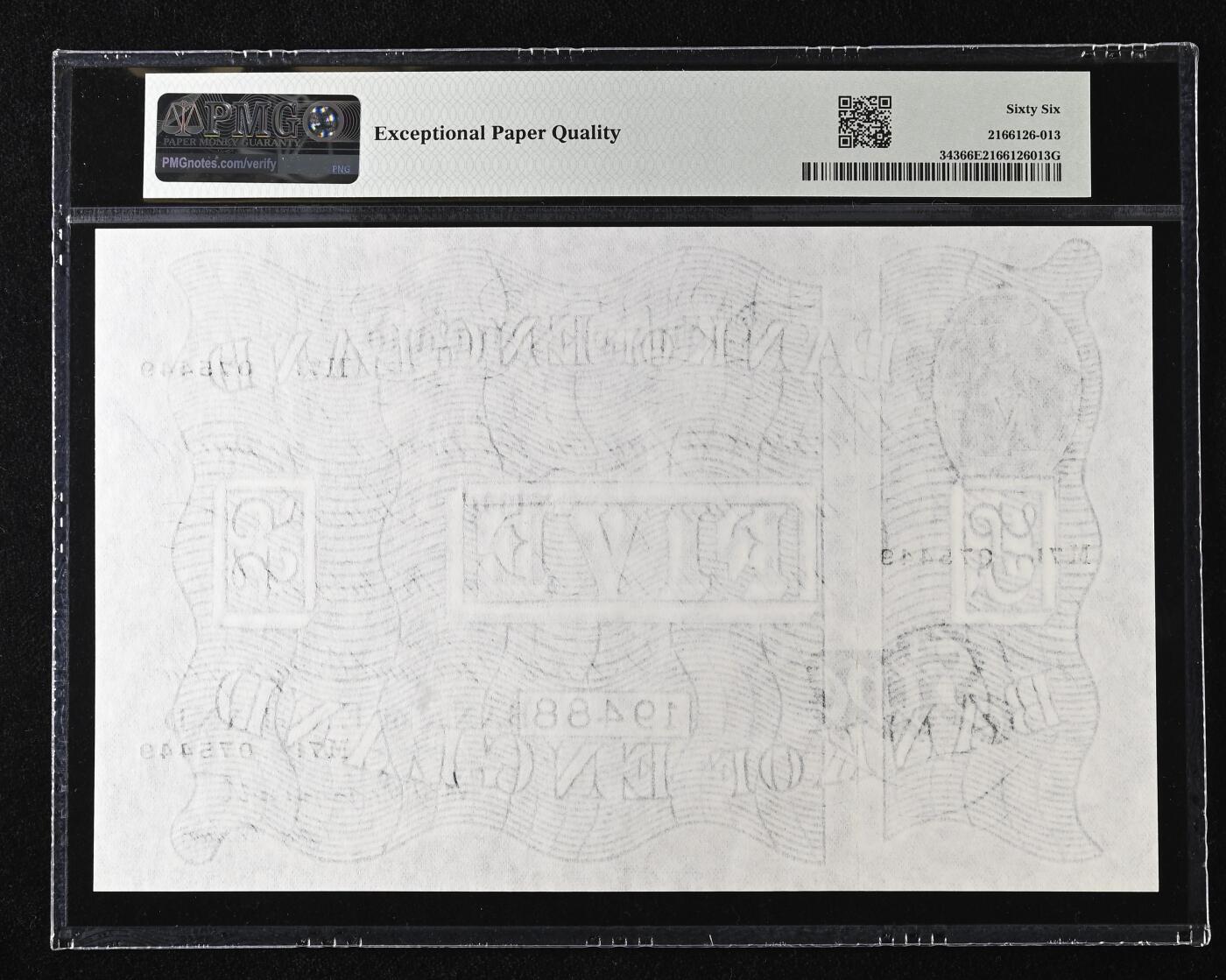 【Blue Auction】✨世界纸币精拍800期盛典——白金之夜🔥🔥🔥 G-【M71末冠非常罕见】英国 1947年5镑 白色英镑 超大票幅 满版水印 PMG66EPQ （白镑的首冠和末冠均非常罕见和有意义 值得收藏） 