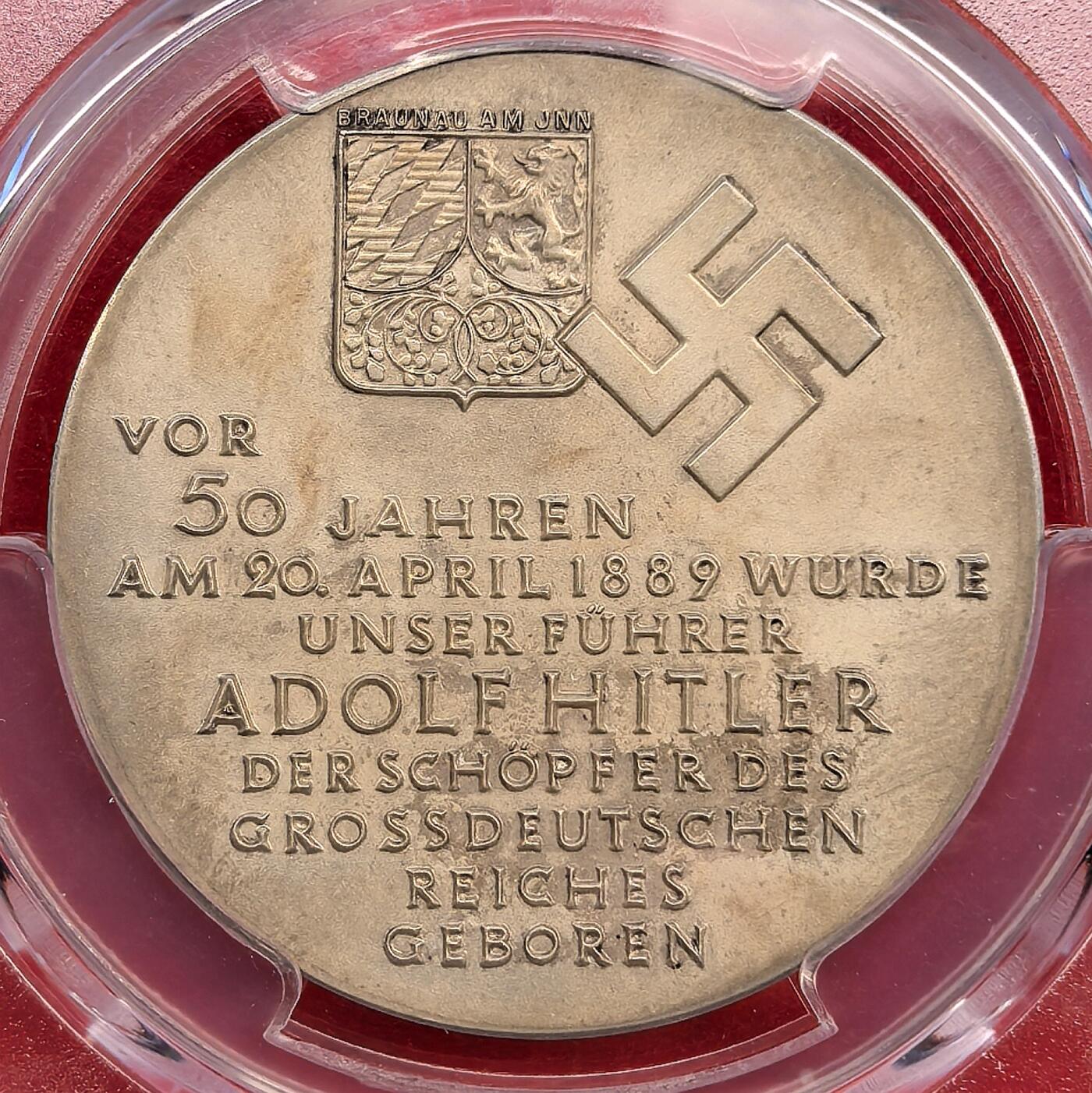 凡希社世界钱币微拍第三百二十一期 荐！1939德国元首五十诞辰纪念银章PCGS-SP63附原盒。（视频参考）