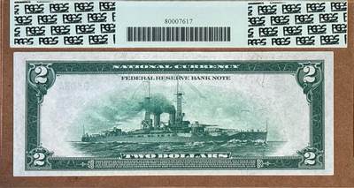 【Blue Auction】✨世界纸币精拍800期盛典——白金之夜🔥🔥🔥  U-【303雷达百位小号】美国 1918年2美金 FRBN联邦储备银行券 经典BattleShip 军舰雕刻精美 大票幅 杰弗逊 PCGS66EPQ 克利夫兰版
