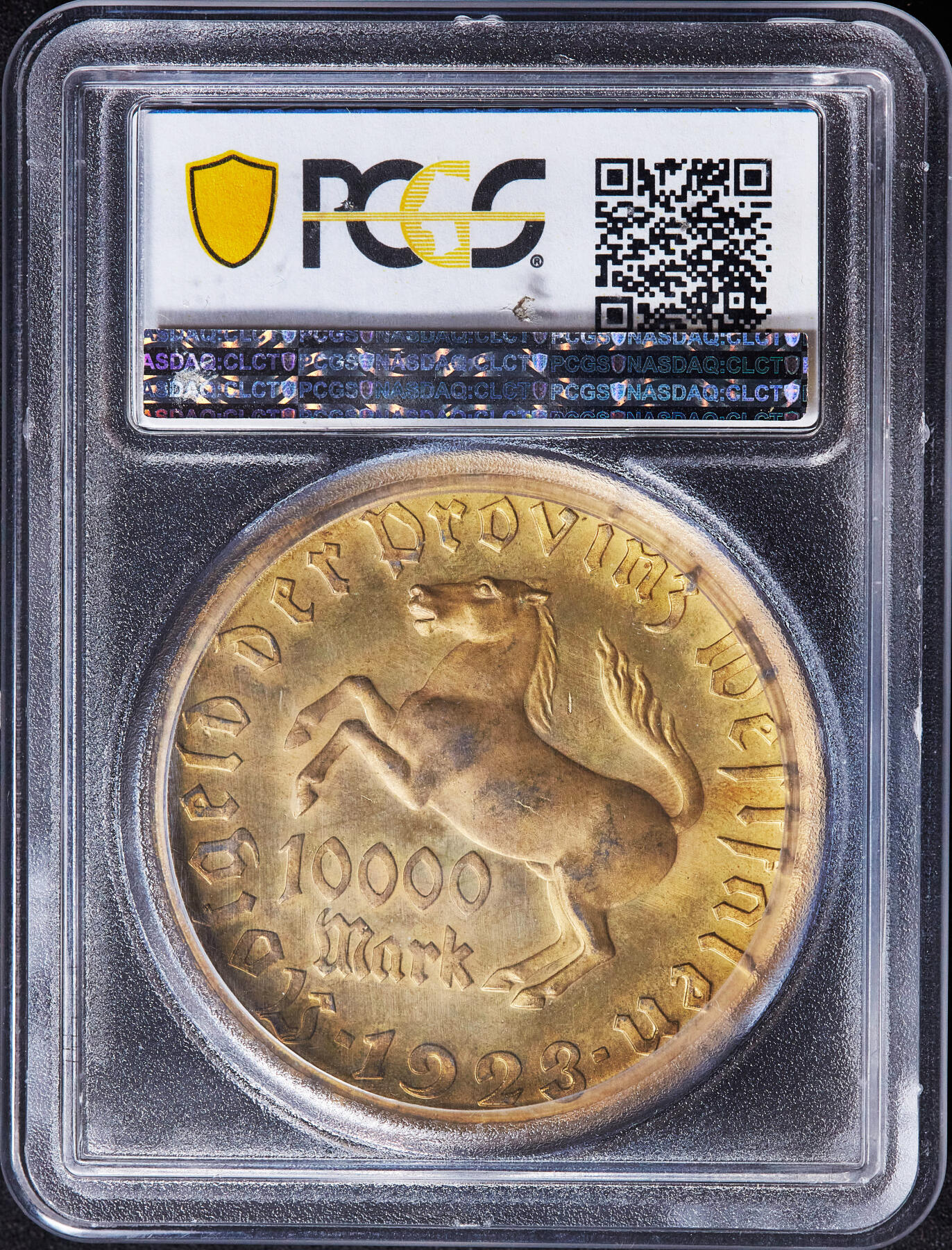 【俄甄集藏】2026年(049)03-18星期三 晚 19:30 全场包邮 德国1923年紧急时期威斯特法伦马币10000马克镀金大铜币，PCGS MS65，金水足，原光品相