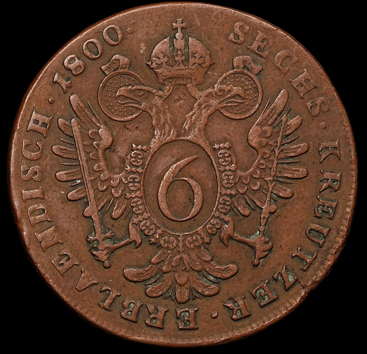 修遠堂世界钱币第107期 1800年神圣罗马帝国-奥地利6克鲁泽铜币 B厂铭