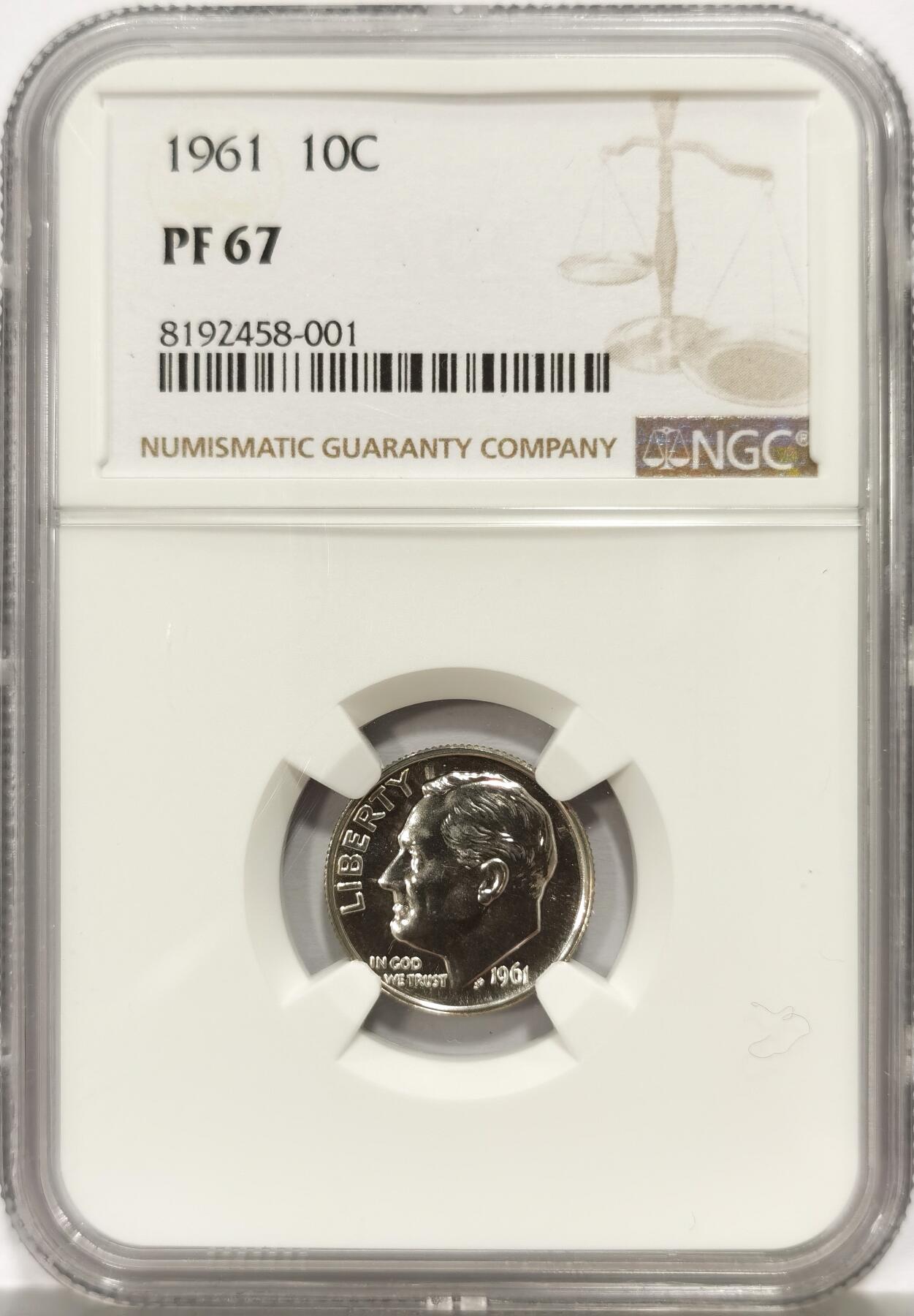 博洋堂世界钱币拍卖第165期（全场包邮） NGC PF67 美国1961年罗斯福10分银币，高分镜面