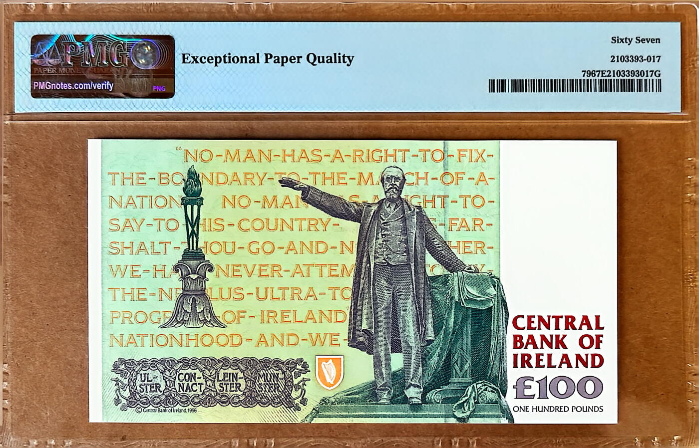 【Blue Auction】✨世界纸币精拍800期盛典——白金之夜🔥🔥🔥  I-【亚军分】爱尔兰 1996年100镑 末版最高值 PMG67EPQ 高分 设计精美 19世纪后期爱尔兰民族主义领袖查尔斯·斯图尔特·巴涅尔