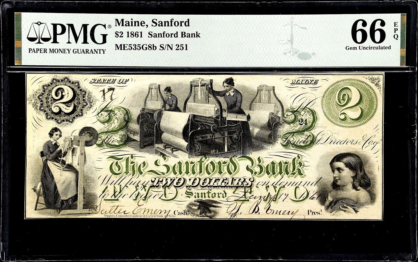 【Blue Auction】✨世界纸币精拍800期盛典——白金之夜🔥🔥🔥  U-【唯一冠军分 24小号实钞 PMG错标号码 该品种非常非常罕见】美国 缅因州 1861年2美金 PMG66EPQ 女纺织工&小女孩 飞鹰点缀 设计精美 值此一张 如此高分 不容错过的品种