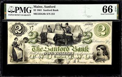 【Blue Auction】✨世界纸币精拍800期盛典——白金之夜🔥🔥🔥 -  U-【唯一冠军分 24小号实钞 PMG错标号码 该品种非常非常罕见】美国 缅因州 1861年2美金 PMG66EPQ 女纺织工&小女孩 飞鹰点缀 设计精美 值此一张 如此高分 不容错过的品种