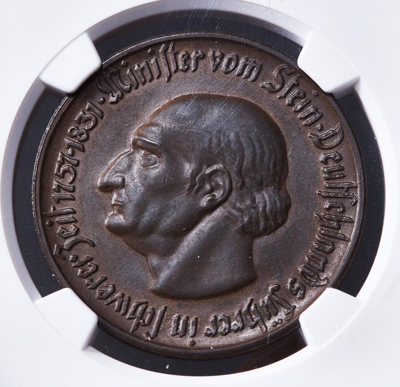 【俄甄集藏】2026年(049)03-18星期三 晚 19:30 全场包邮 德国1923年紧急时期威斯特法伦马币5马克大铜币，NGC MS62，稀少总筋品种，巧克力包浆，原光品相