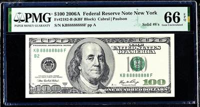 【Blue Auction】✨世界纸币精拍800期盛典——白金之夜🔥🔥🔥 - U-【全同8罕见】美国 纽约版 2006年100美金 PMG66EPQ （100亿美金才有1张全同8非常难遇 幸运号 号码纸币的天花板）