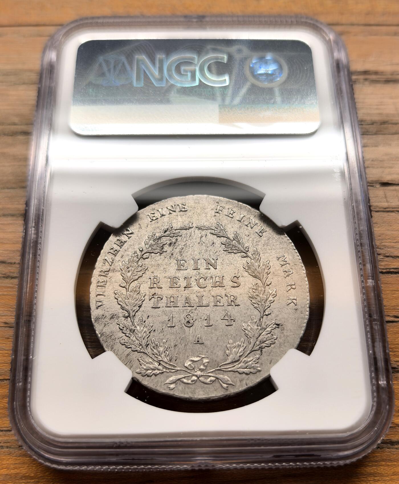 凡希社世界钱币微拍第三百二十一期 1814A德国普鲁士威廉三世泰勒大银NGC-UNCD，实物上手极好，没给分不理解。（附视频）