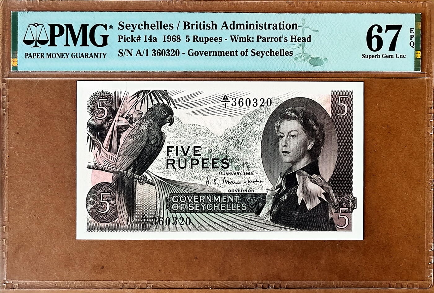 【Blue Auction】✨世界纸币精拍800期盛典——白金之夜🔥🔥🔥 S-【A/1首发冠 无47】塞舌尔 1968年5卢比 戎装女王 PMG67EPQ 高分