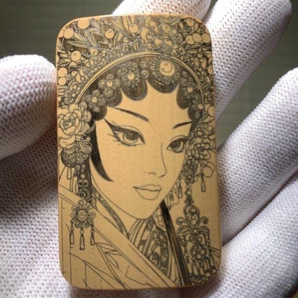 听雨轩（77）留青墨刻竹牌专场 留青墨刻36×60mm工艺精工实心玉竹牌 花旦c