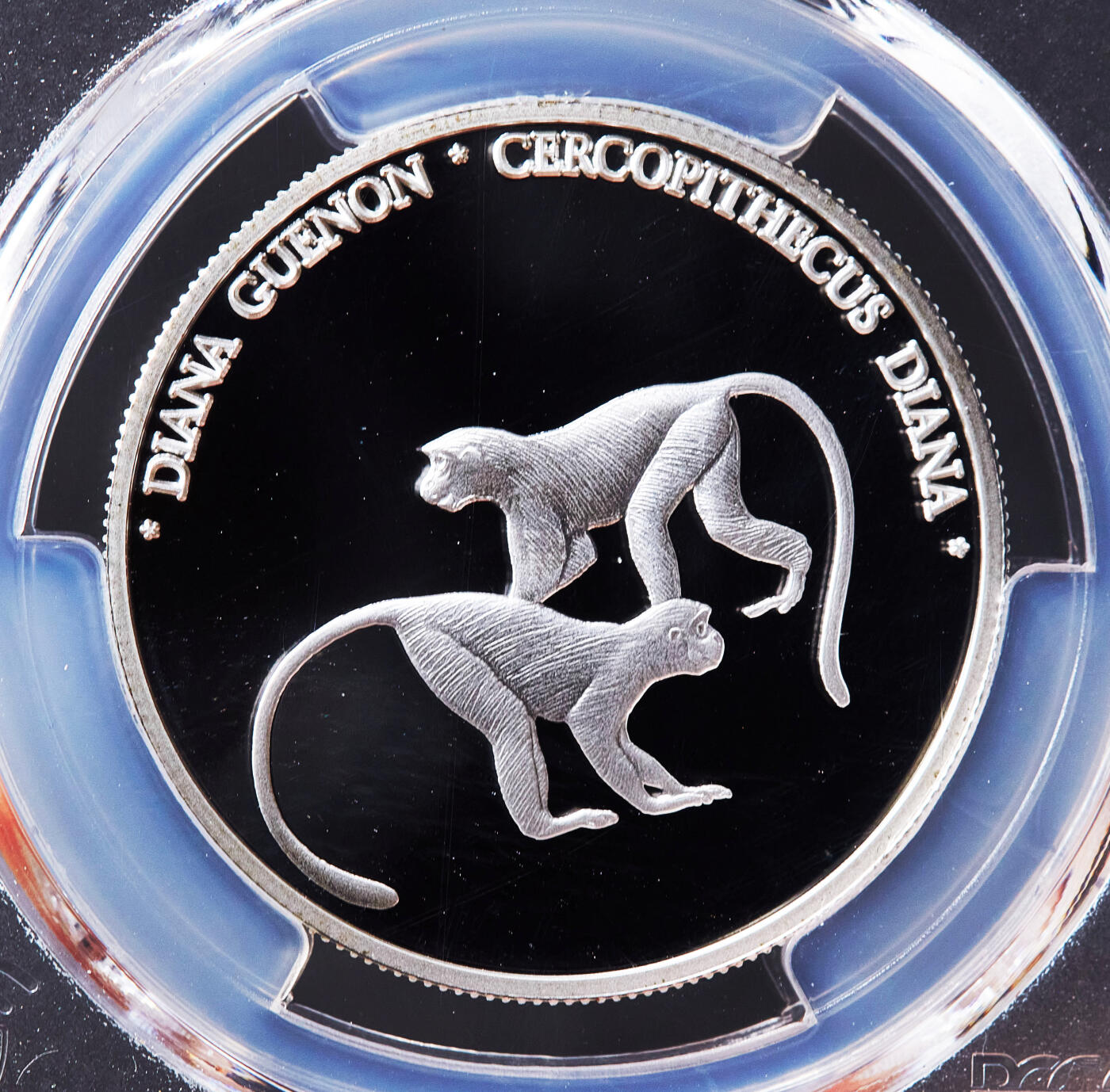 【俄甄集藏】2026年(049)03-18星期三 晚 19:30 全场包邮 利比里亚2000年野生动物系列-黛安娜长尾猴10元精制银币，PCGS PR69DC，重2015克，999银，设计精美