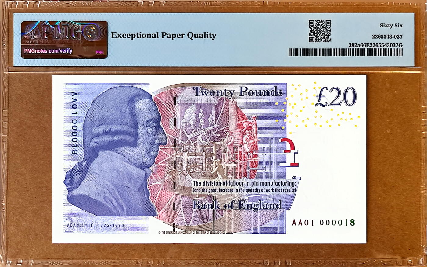 【Blue Auction】✨世界纸币精拍800期盛典——白金之夜🔥🔥🔥 G-【AA01首发冠 18小号 倒置号】英国 2006年20镑 PMG66EPQ 如此小号当时英格兰银行赠送给特殊VIP 多被私藏了 意义非凡 市面上几乎能见到同版本最小的号码了 