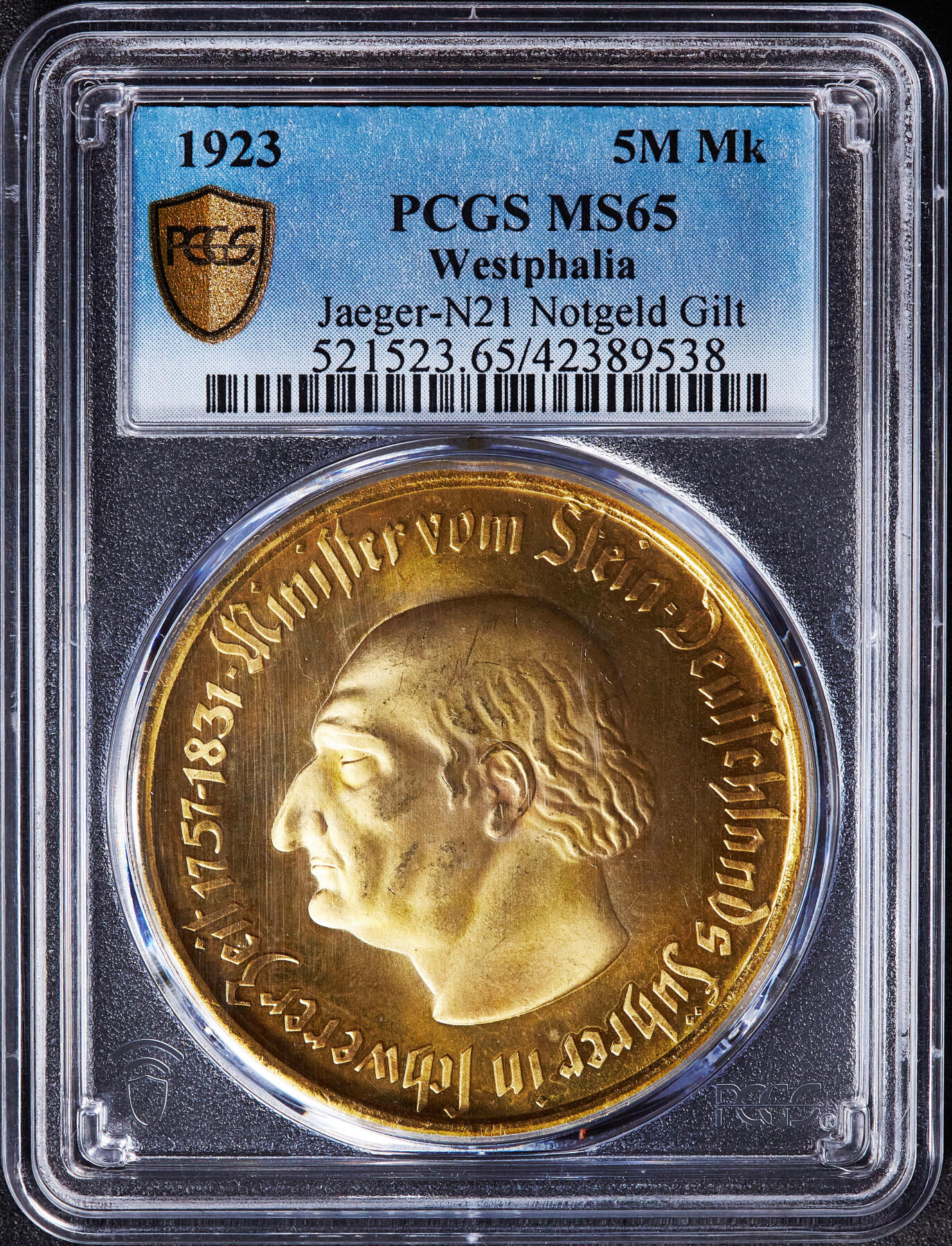 【俄甄集藏】2026年(049)03-18星期三 晚 19:30 全场包邮 德国1923年紧急时期威斯特法伦马币500万马克三行字大铜币，PCGS MS65，稀少总筋品种，金水足，类精制底板，顶级状态