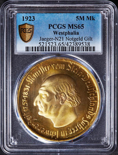 【俄甄集藏】2026年(049)03-18星期三 晚 19:30 全场包邮 - 德国1923年紧急时期威斯特法伦马币500万马克三行字大铜币，PCGS MS65，稀少总筋品种，金水足，类精制底板，顶级状态