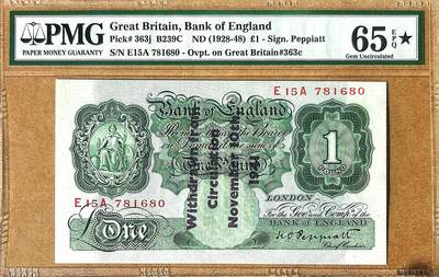 【Blue Auction】✨世界纸币精拍800期盛典——白金之夜🔥🔥🔥 -  G-【唯一带星可遇不可求】英国 A序列 1941年1镑PMG65EPQ星星 老壳 加盖 "Withdrawn from Circulation November 10th 1941" （在特定历史背景下产生 在二战期间德国占领格恩西岛期间从流通中收回 常见流通品相 如此高分非常罕见更何况仅此一张带星极具收藏价值 冠军分仅2张66 但是这张早期英镑带星稀缺度胜过66的）