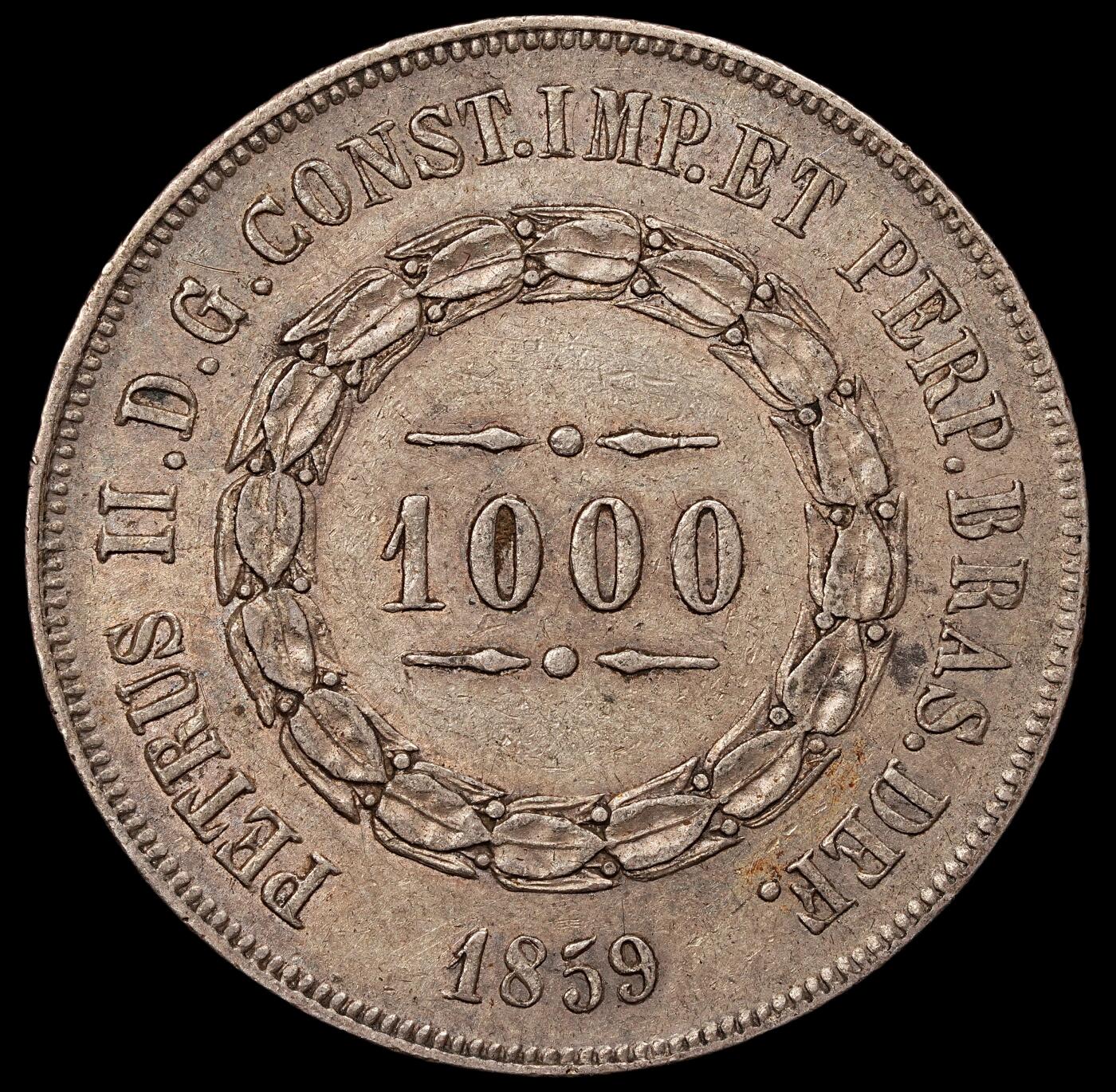 修遠堂世界钱币第107期 1859年巴西1000 REIS银币，12.70g，含银91.7%