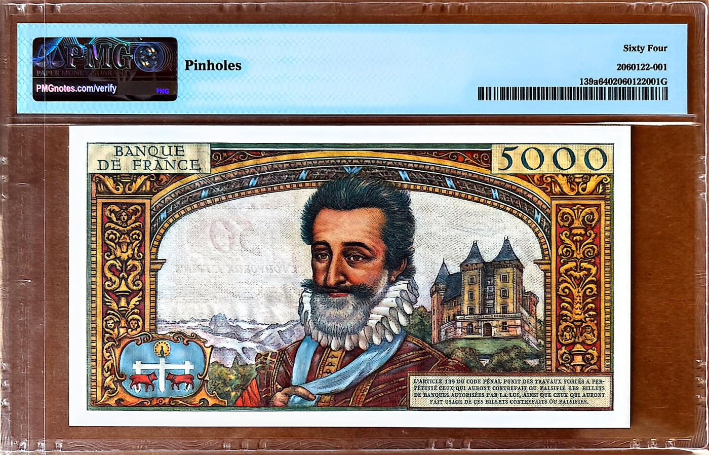 【Blue Auction】✨世界纸币精拍800期盛典——白金之夜🔥🔥🔥 F-【仅3张更高分 红字加盖版少见】法国 1958年50法郎红字加盖5000法郎 PMG64 亨利四世 设计精美