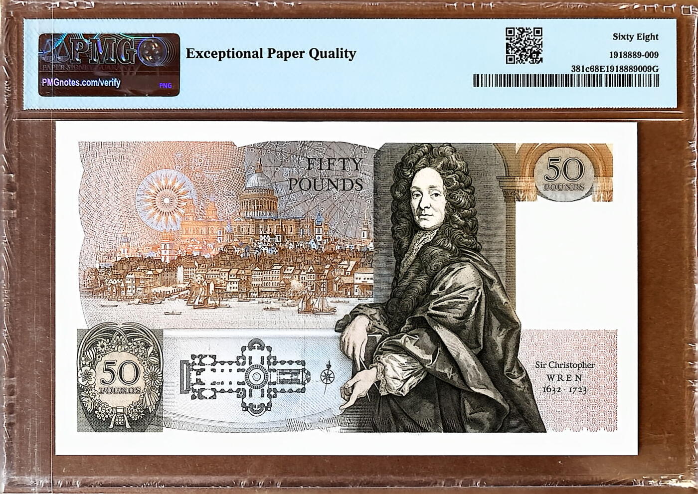 【Blue Auction】✨世界纸币精拍800期盛典——白金之夜🔥🔥🔥 G-【末签G.E.A.Kentfield首发冠E01 000444豹子号 唯二冠军分】英国1991-93年D序列50镑 PMG 68EPQ超高分 (背面是克里斯托弗·雷恩爵士，英国皇家学会会长，天文学家和著名建筑师) 