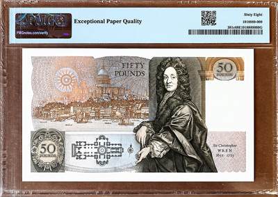 【Blue Auction】✨世界纸币精拍800期盛典——白金之夜🔥🔥🔥 G-【末签G.E.A.Kentfield首发冠E01 000444豹子号 唯二冠军分】英国1991-93年D序列50镑 PMG 68EPQ超高分 (背面是克里斯托弗·雷恩爵士，英国皇家学会会长，天文学家和著名建筑师) 