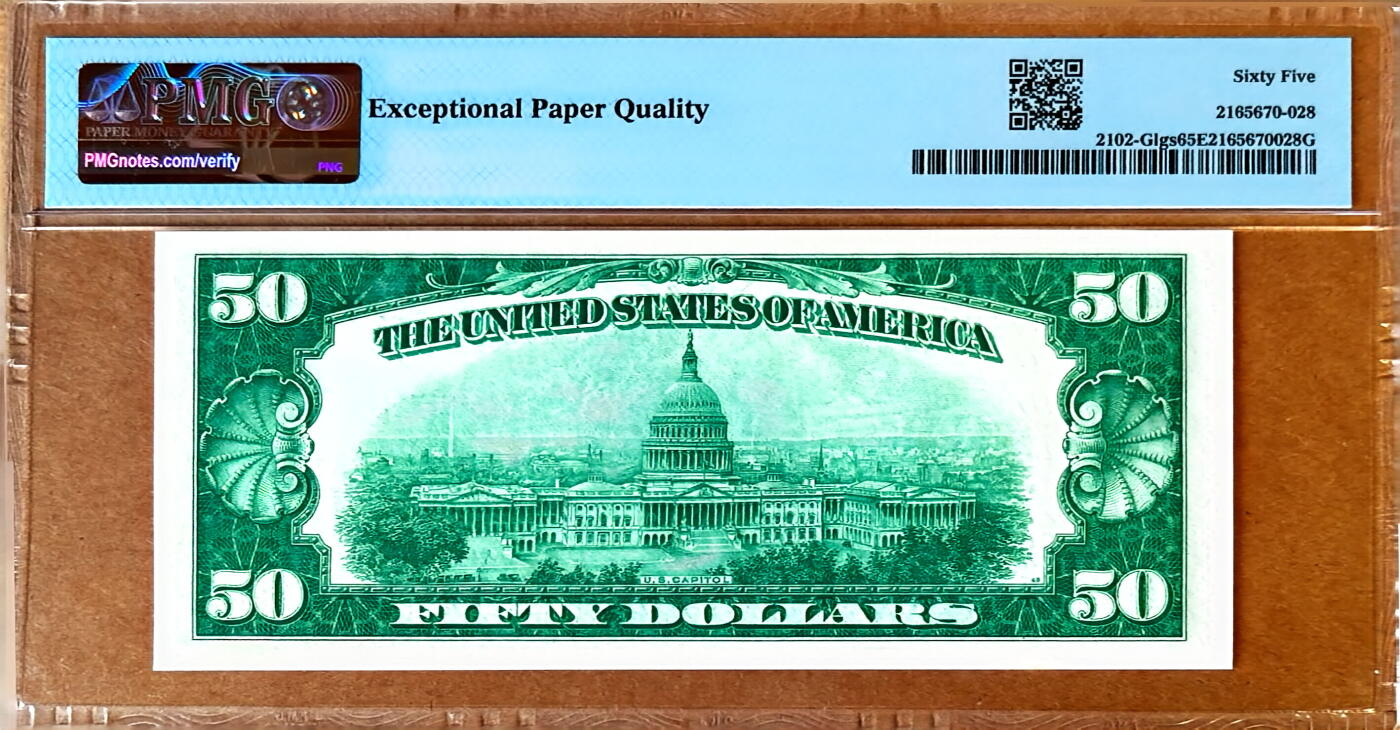 【Blue Auction】✨世界纸币精拍800期盛典——白金之夜🔥🔥🔥  U-【芝加哥版 浅绿版】美国 1934年50美金 格兰特 PMG65EPQ  