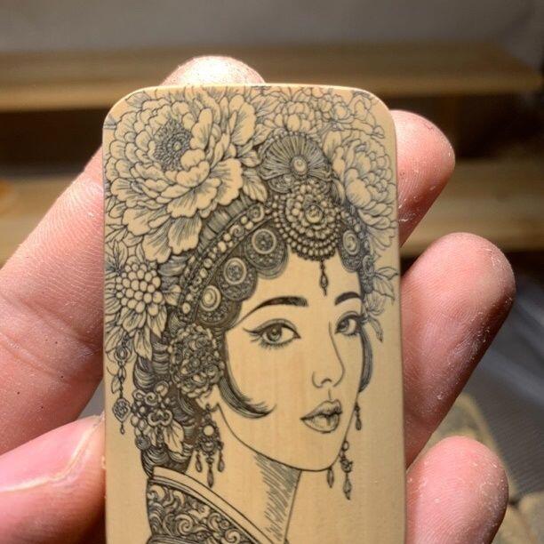 听雨轩（77）留青墨刻竹牌专场 留青墨刻36×60mm工艺精工实心玉竹牌 花旦r