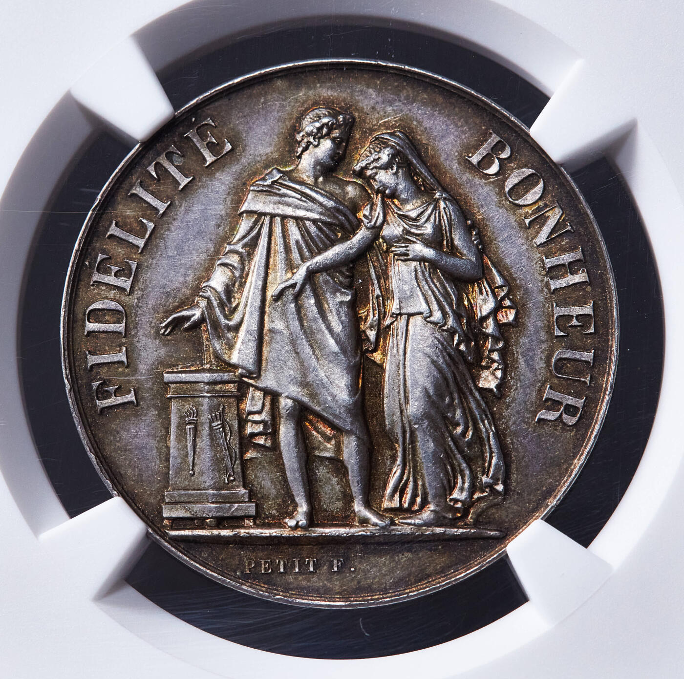 【俄甄集藏】2026年(049)03-18星期三 晚 19:30 全场包邮 法国1895年结婚银章，NGC MS63，黄油酱彩老包浆，原光品相，雕刻家佩蒂特作品，丰饶角铭