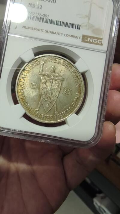 修遠堂世界钱币第107期 NGC MS62 1925年德国魏玛政府-莱茵兰千年纪念5马克银币，E厂铭