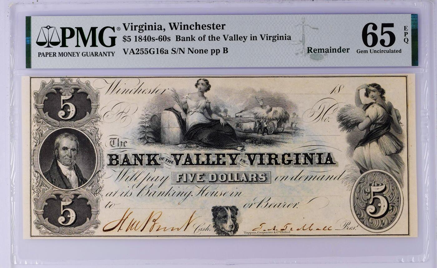 【Blue Auction】✨世界纸币精拍800期盛典——白金之夜🔥🔥🔥 U-【实钞冠军分 仅2张】美国 维吉尼亚州 1840-60年代5美金 大票幅 丰收女神及大场景 PMG65EPQ 双面印制 设计精美 