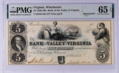 【Blue Auction】✨世界纸币精拍800期盛典——白金之夜🔥🔥🔥 - U-【实钞冠军分 仅2张】美国 维吉尼亚州 1840-60年代5美金 大票幅 丰收女神及大场景 PMG65EPQ 双面印制 设计精美 
