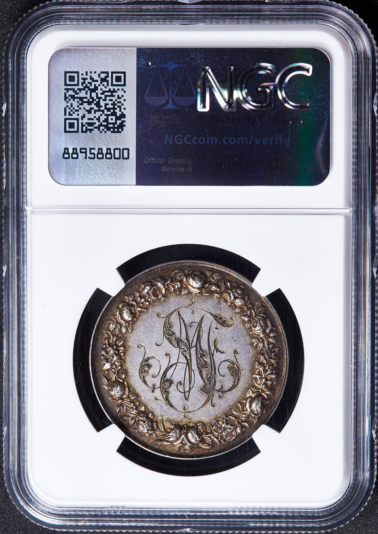 【俄甄集藏】2026年(049)03-18星期三 晚 19:30 全场包邮 法国1895年结婚银章，NGC MS63，黄油酱彩老包浆，原光品相，雕刻家佩蒂特作品，丰饶角铭