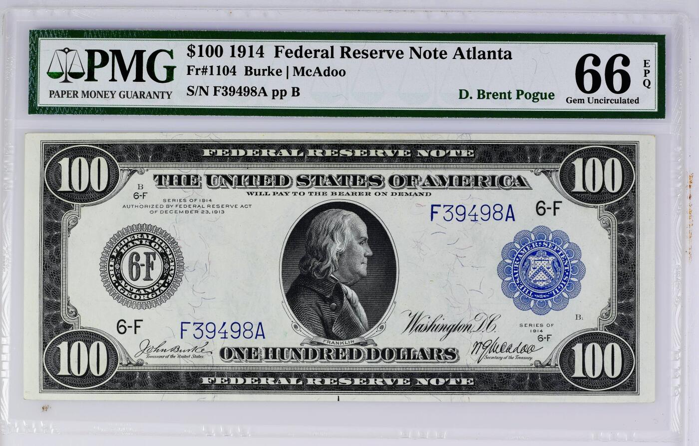 【Blue Auction】✨世界纸币精拍800期盛典——白金之夜🔥🔥🔥 U-【美国著名收藏家Pogue旧藏 富兰克林肖像首次出现在100美金上 高值稀缺 亚军分 百大美元纸币第34位】美国 1914年100美金PMG66EPQ 背面五人寓言形象组成的大场景代表了劳动、富足、自由、和平和商业 设计别致新颖 凑套必备  