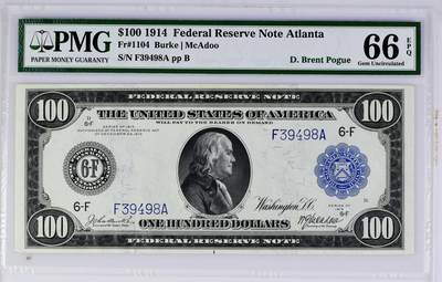【Blue Auction】✨世界纸币精拍800期盛典——白金之夜🔥🔥🔥 - U-【美国著名收藏家Pogue旧藏 富兰克林肖像首次出现在100美金上 高值稀缺 亚军分 百大美元纸币第34位】美国 1914年100美金PMG66EPQ 背面五人寓言形象组成的大场景代表了劳动、富足、自由、和平和商业 设计别致新颖 凑套必备  