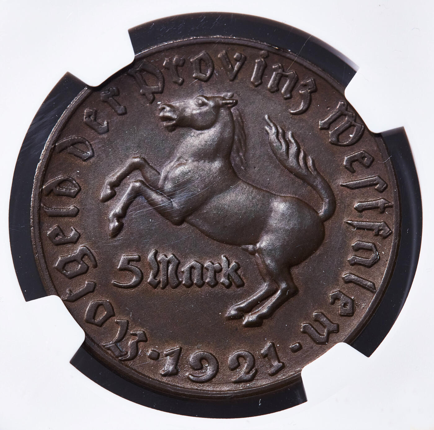 【俄甄集藏】2026年(049)03-18星期三 晚 19:30 全场包邮 德国1923年紧急时期威斯特法伦马币5马克大铜币，NGC MS62，稀少总筋品种，巧克力包浆，原光品相
