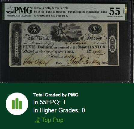 【Blue Auction】✨世界纸币精拍800期盛典——白金之夜🔥🔥🔥 U-【唯一冠军分 手签实钞】美国 纽约 1810年代5美金 非常早期的州票罕见 PMG55EPQ 近新原票 