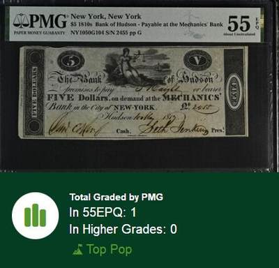 【Blue Auction】✨世界纸币精拍800期盛典——白金之夜🔥🔥🔥 U-【唯一冠军分 手签实钞】美国 纽约 1810年代5美金 非常早期的州票罕见 PMG55EPQ 近新原票 
